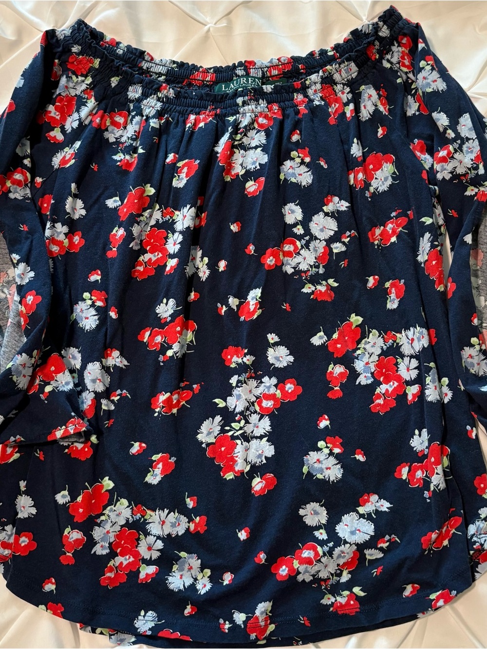 Lauren Ralph Lauren Navy Floral Off-the-Shoulder Cotton Blouse, Women’s Size M